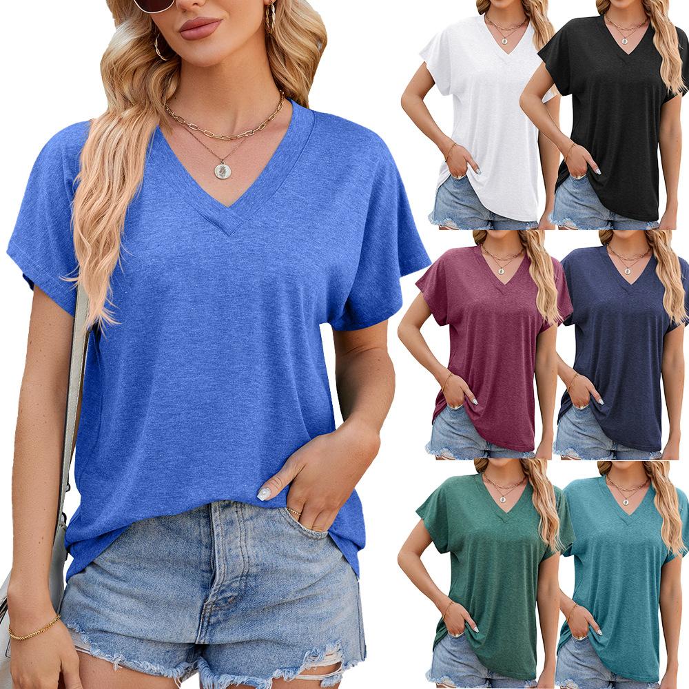 Summer V-neck Pure Color Casual Short-sleeved Women's T-shirts