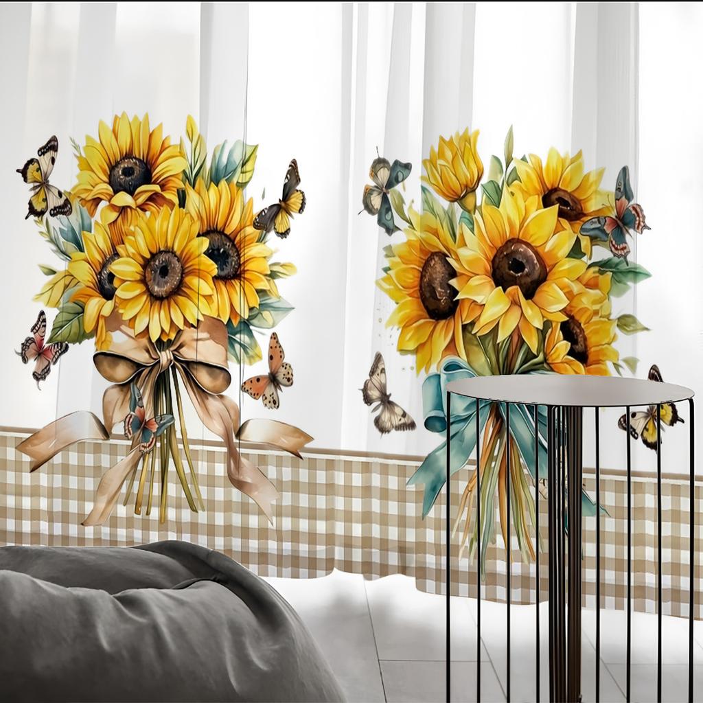 2PCS Digital Print Sheer Curtain, Plaid Sunflower, Modern Minimalist Window Curtains for Living Room Bedroom Home Decor