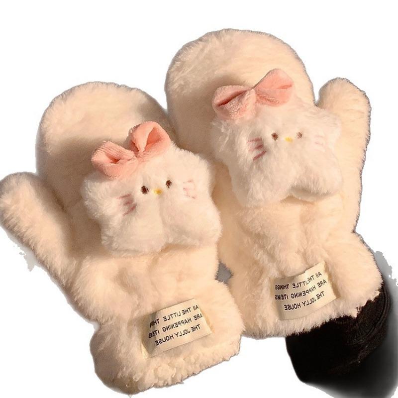 Cute Star Cat Plush Gloves Girls Winter Warm Plush Thickened Neck Student Outdoor Riding Gloves