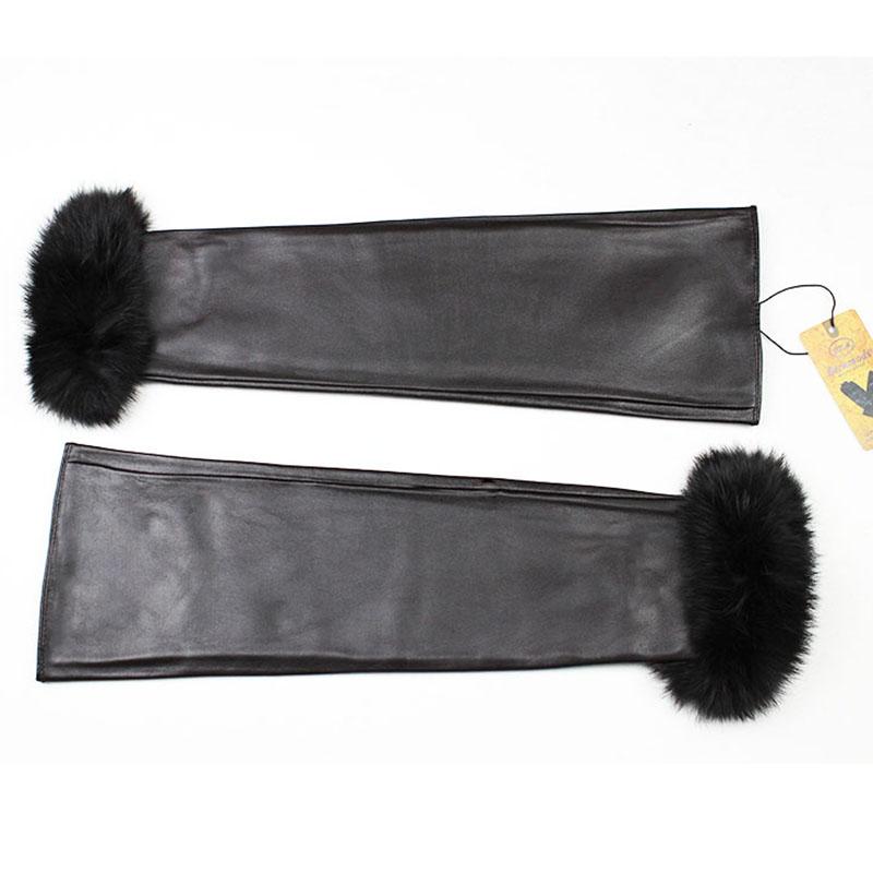 40CM Long Leather Sleeves Women's Rabbit Fur Cuffs Velvet Lining Warm and Fashionable Sheepskin Fingerless Gloves