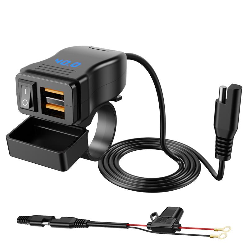 45W QC3.0 Motorcycle Charger 12-40V IP65 Waterproof Handlebar Dual USB Phone Power Adapter with Voltmeter & ON/OFF Switch for Scooter ATV Snowmobile