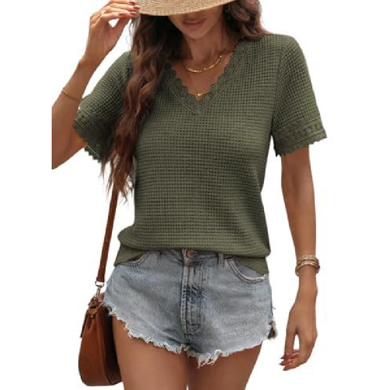 2026 Spring/Summer Women's V-neck Casual Waffle Lace Trim Short Sleeve Top