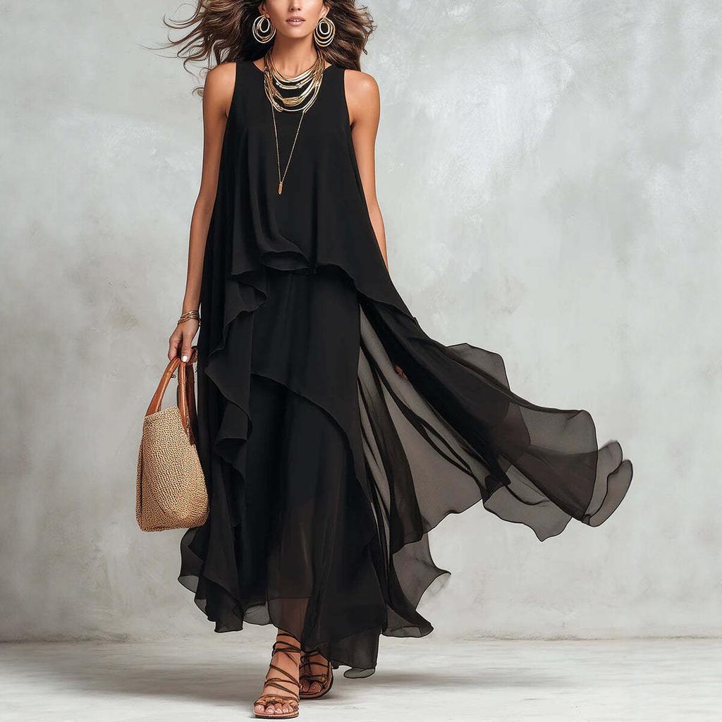 New European and American style black sleeveless irregular chiffon long dress temperament elegant dress women