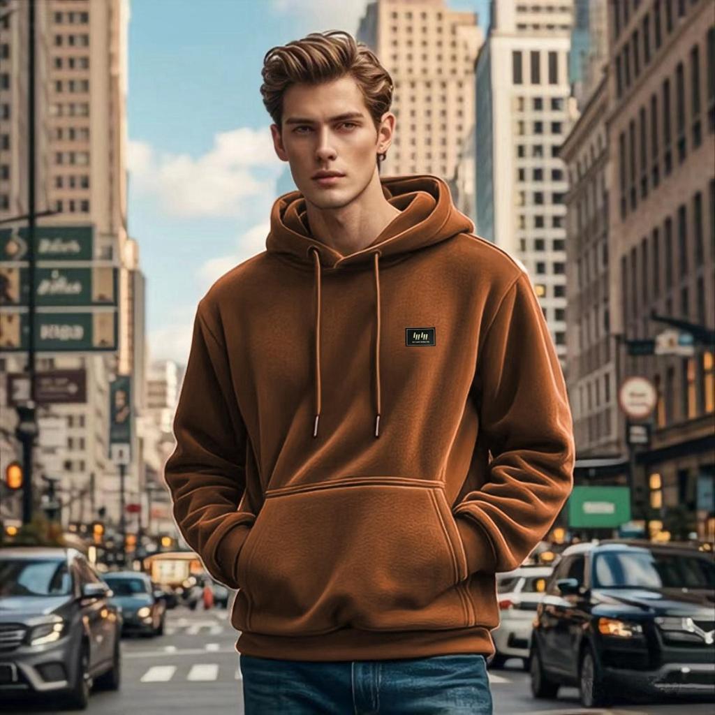 Felpa con cappuccio casual da uomo a tinta unita con stampa, maniche lunghe, pullover