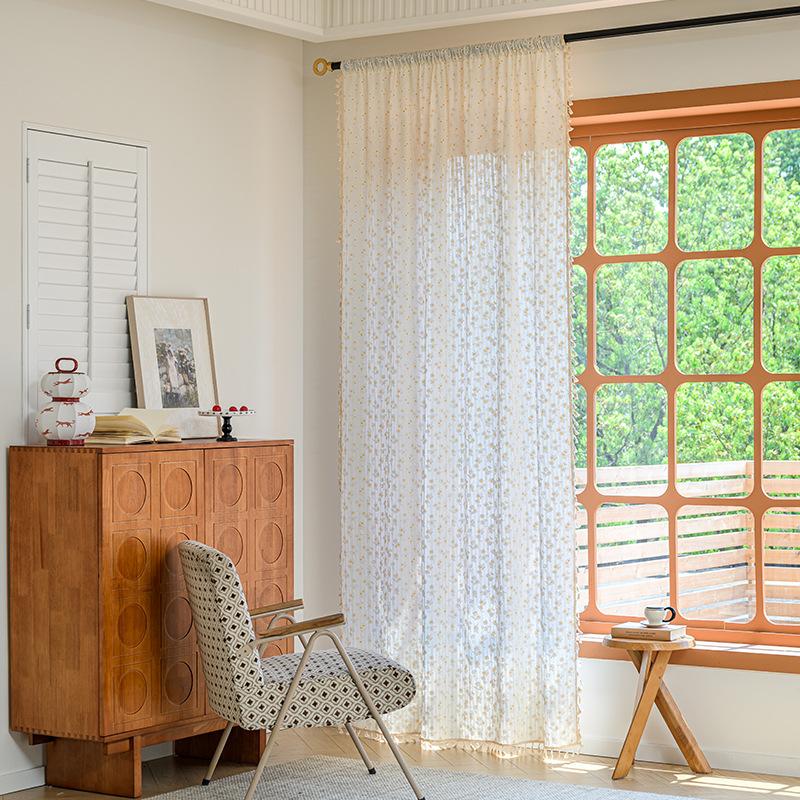 Floral Farmhouse Curtains Semi-Blackout Living Room Drapes Cotton Bohemian Window Curtain with Tassel, Rod Pocket, 1 Panel