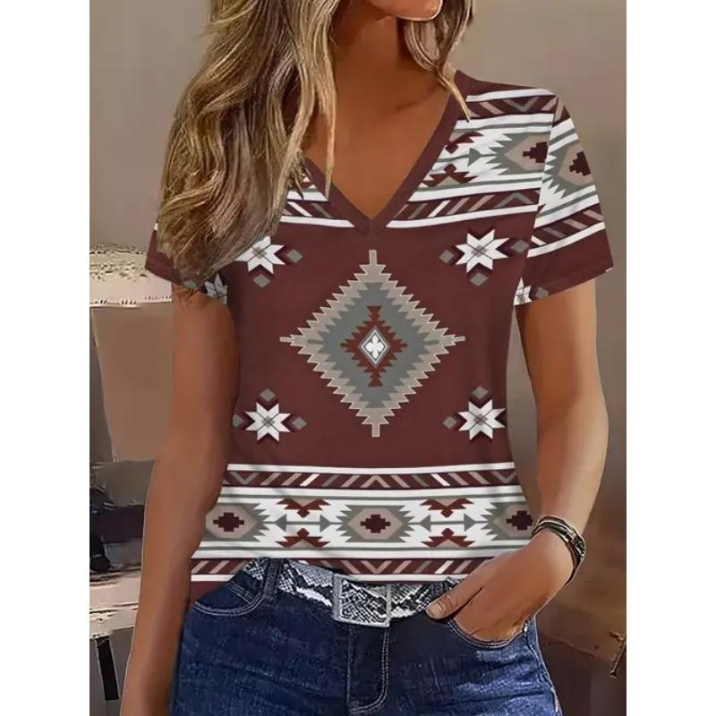 New Casual High-quality Retro Style 3D Women's Short Sleeved V-neck T-shirt