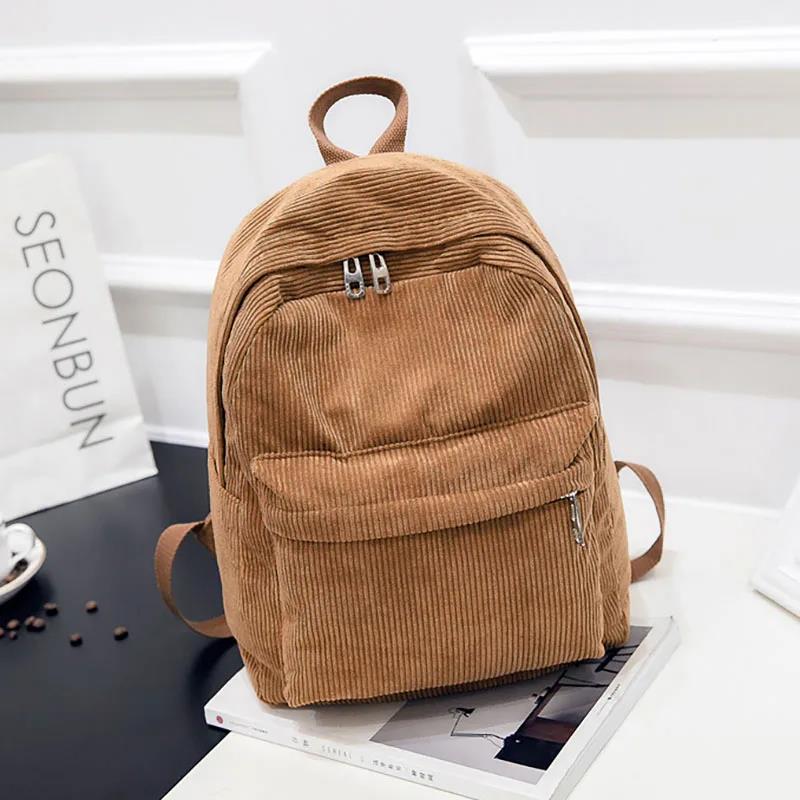 Women's Corduroy Backpack Fashion School Bag Pure Color Shoulder Pack Teen Girl Mochila Casual 