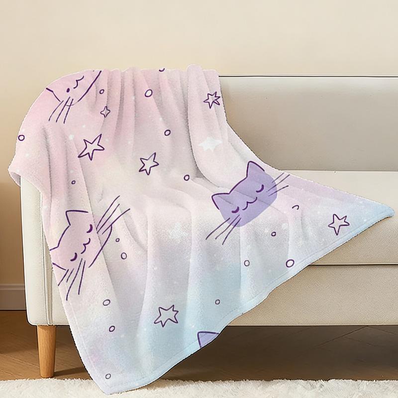 Cartoon Cat Flannel Fleece Blanket - Soft Warm Cozy Gradient Star Pattern for Home Couch, Halloween Christmas Gift