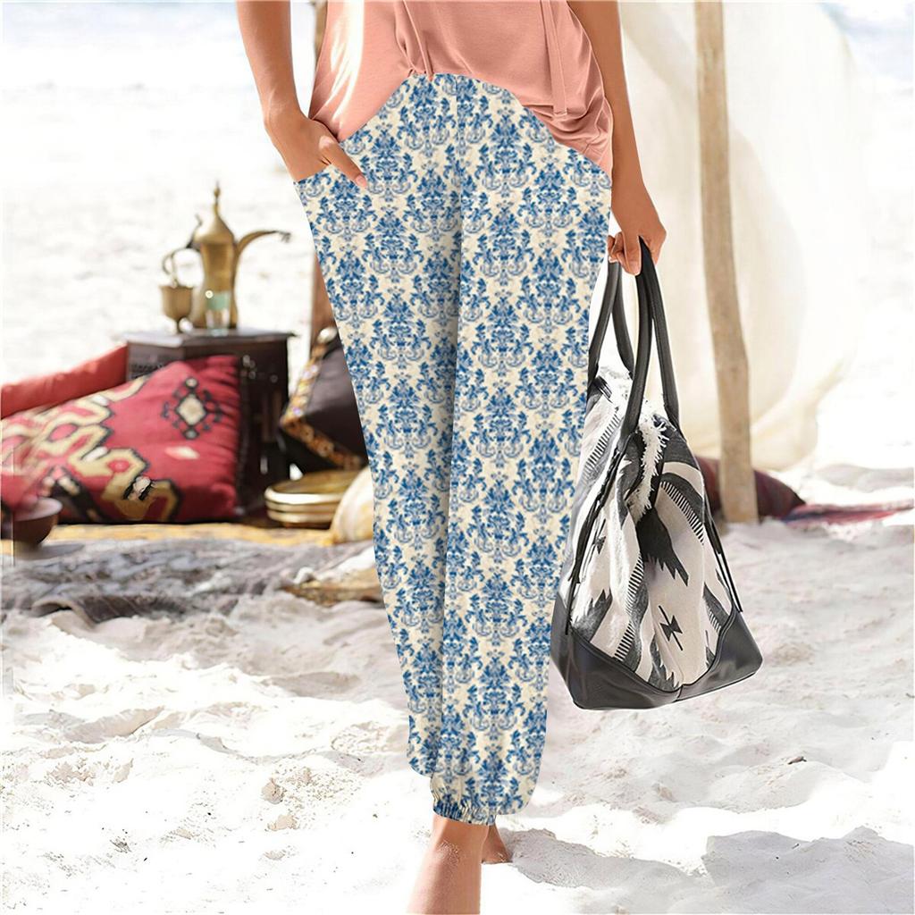 Damen-Sommer-Druck, elastische Taille, lockere, lässige Hose mit weitem Bein