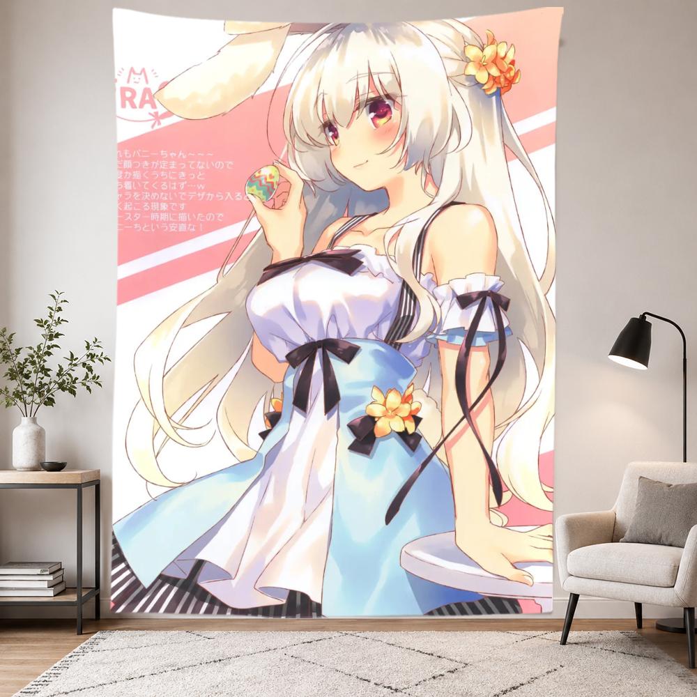 Cute Anime Girl Tapestry Wall Hanging Silver Hair Bunny Ears Blue White Dress Manga Art Bedroom Dorm Home Decor Fans Gifts