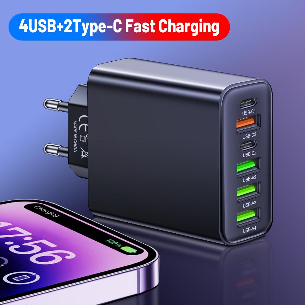 3.1A Multi-Port Charger: 2 Type-C PD + 4 USB for Mobile Phones - Travel-Friendly Charging Hub