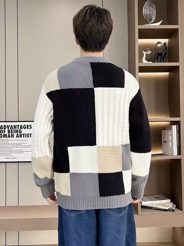 Men's Winter Thickened Color Block Knit Sweater - Warm, Casual, Trendy Fashion