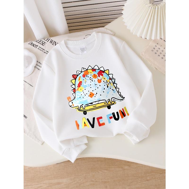 Youth Crewneck Sweatshirt Featuring a Vibrant Dinosaur And Car Design, Easy To Wash, Suitable for Spring And Fall, Ideal for Sports And Casual Outfits