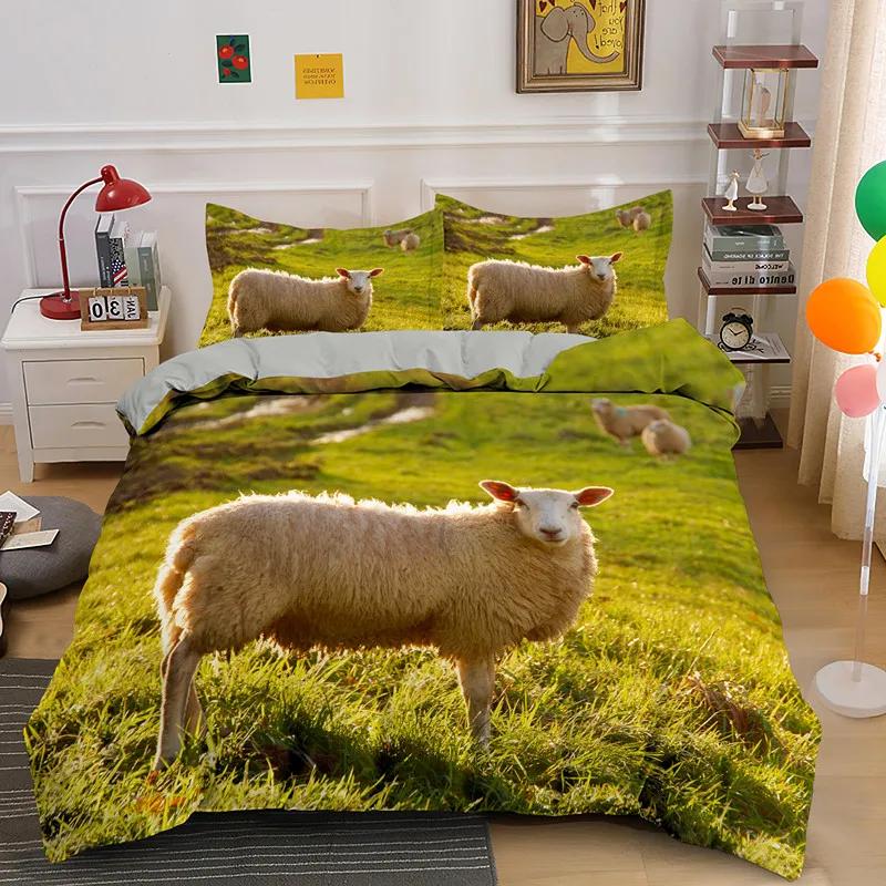 Ovečka Povlak na přikrývku King Queen Size Lovely Farm Animals Povlečení pro děti Teens Dospělí Bílá koza 2/3ks Povlak na polštář Povlak na přikrývku