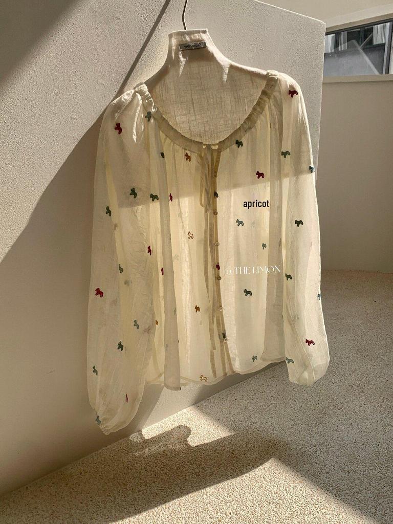 Women's Long Sleeve Lemon Green Tea Floral Embroidered Shirt – Slimming Tie-Up Sun Protection Top