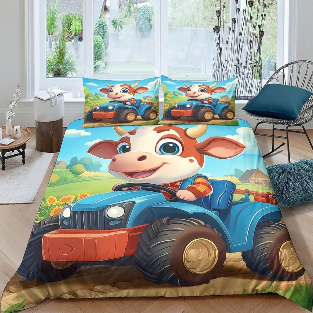 Copripiumino Cartoon Mucca Trattore, Set Biancheria da Letto Facile da Curare, Copripiumino Animale della Fattoria Cartoon Stagione Unica per Bambini Adolescenti Ragazzi Ragazze