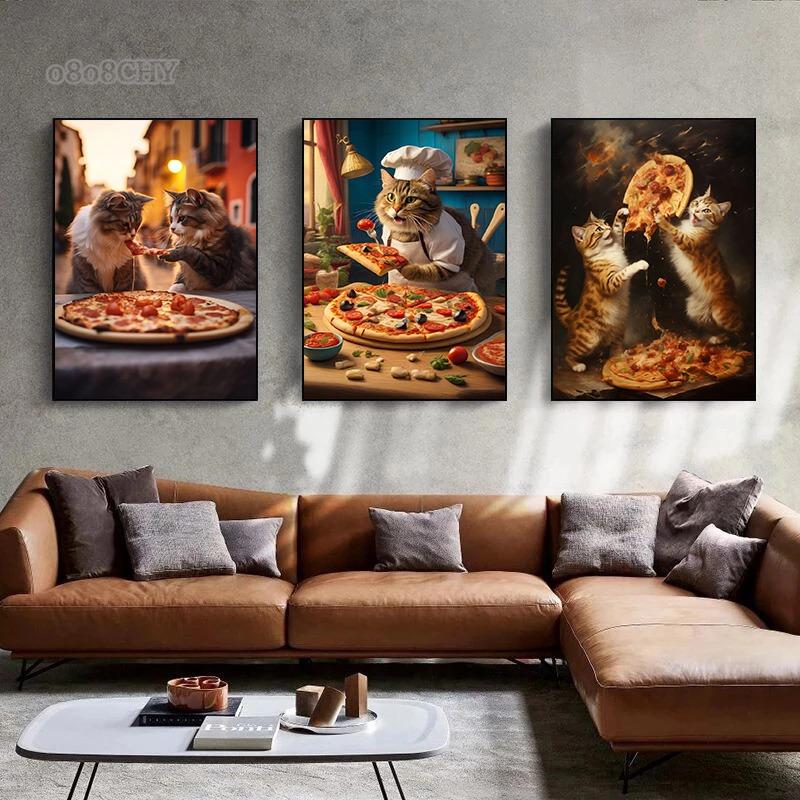 Funny Cat Eating Pizza Canvas Prints Posters Mural Cute Pet Kitten Pizza Poster Canvas Wall Art Painting Pictures for Home Decor