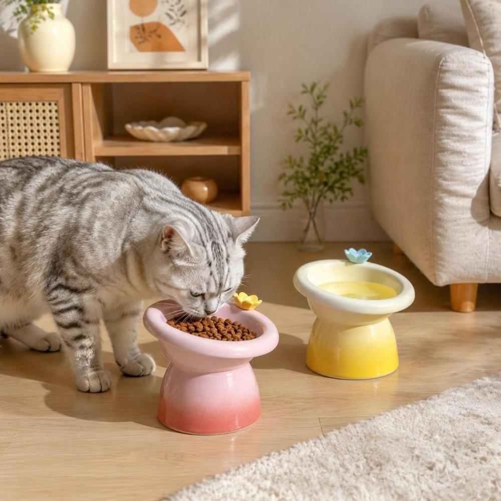 Flower Elevated Cat Bowl Ceramic Raised Pet Feeder Pet Food Water Bowl Kitten/Puppy/Bunny