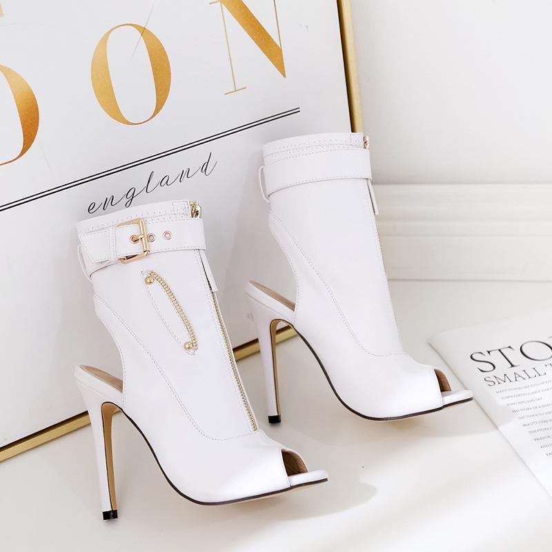 2019 European and American new fish mouth rear empty sexy PU front zipper thin high heel women's cool boots 198-13