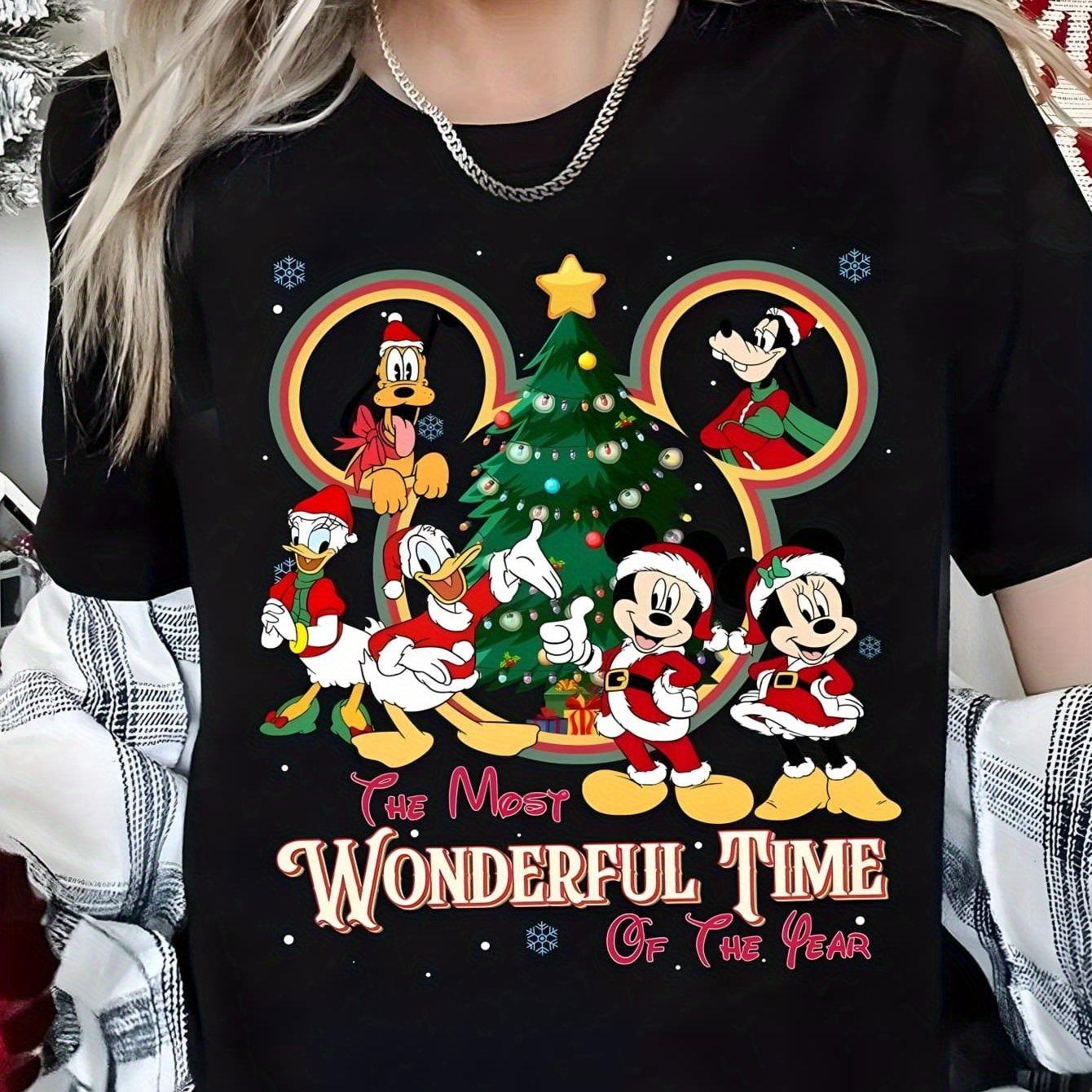 The Latest Hotselling   Mickey Christmas Shortsleeved Fashion Loose Unisexs and Womens Same Crew Neck Cotton Tshirt S