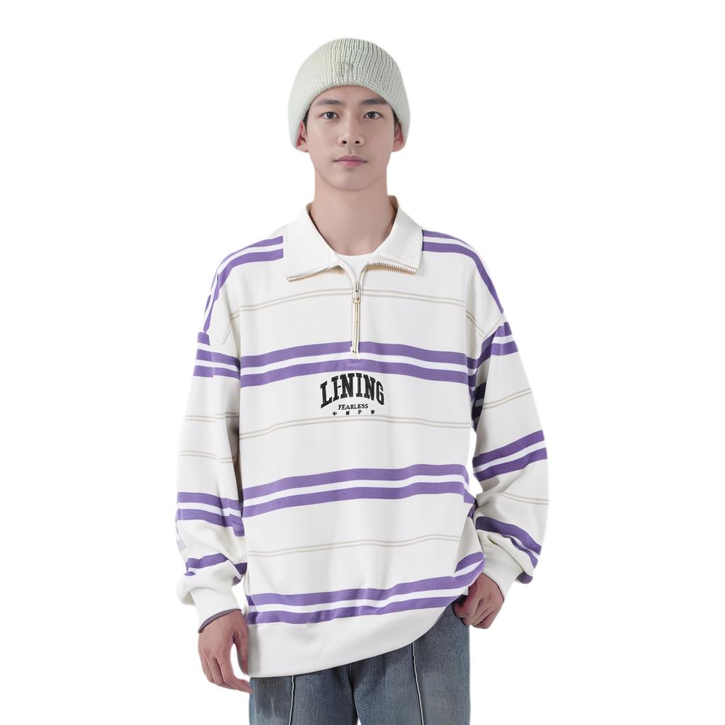 Li Ning Striped Polo Neck Loose Pullover Sweatshirt Unisex Sweatshirt Off-White Standard-White Bellflower-Purple AWDT721-1