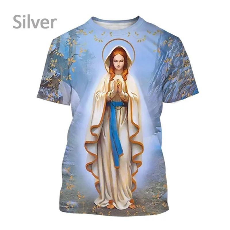 T-shirt Stampa 3D Vergine Maria per Uomo Estate Manica Corta Cristiana Madre di Dio Modello T-shirt Uomo Casual Top