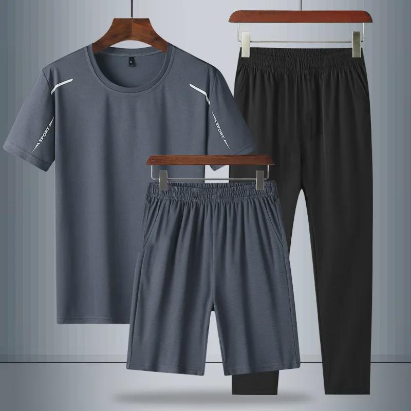 Men's Quick-Dry Ice Silk Round Neck Running Suit: 3-Piece Summer 2024 Bestseller