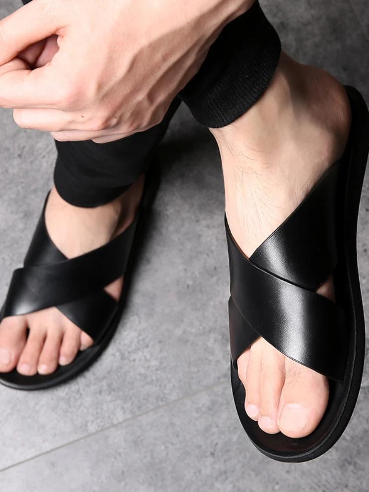 Fashion Fashion Men's Sandals Solid Color Open Toe Mens Leather Sandals  New Slippers Beach for Male Leather Footwear Pantuflas