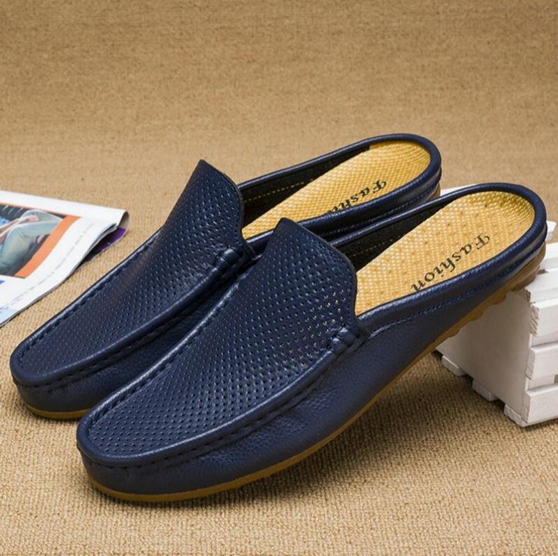 Summer Slip On Half Shoes For Men Leather Slippers Casual Mules Breathable Comfy Loafers Moccasins White Black Blue