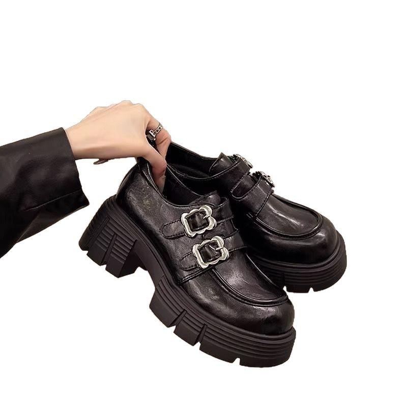Black Thick-heeled Thick-soled One-pedal Small Leather Shoes for Women's Spring and Autumn New Retro British Style Versatile Heightening Loafers