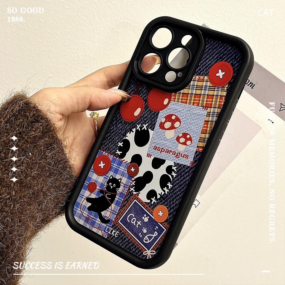 Denim Cat Splicing Suitable for Iphone16Promax Mobile Phone Case Apple 15 Couple with Lanyard Full Cover Shell