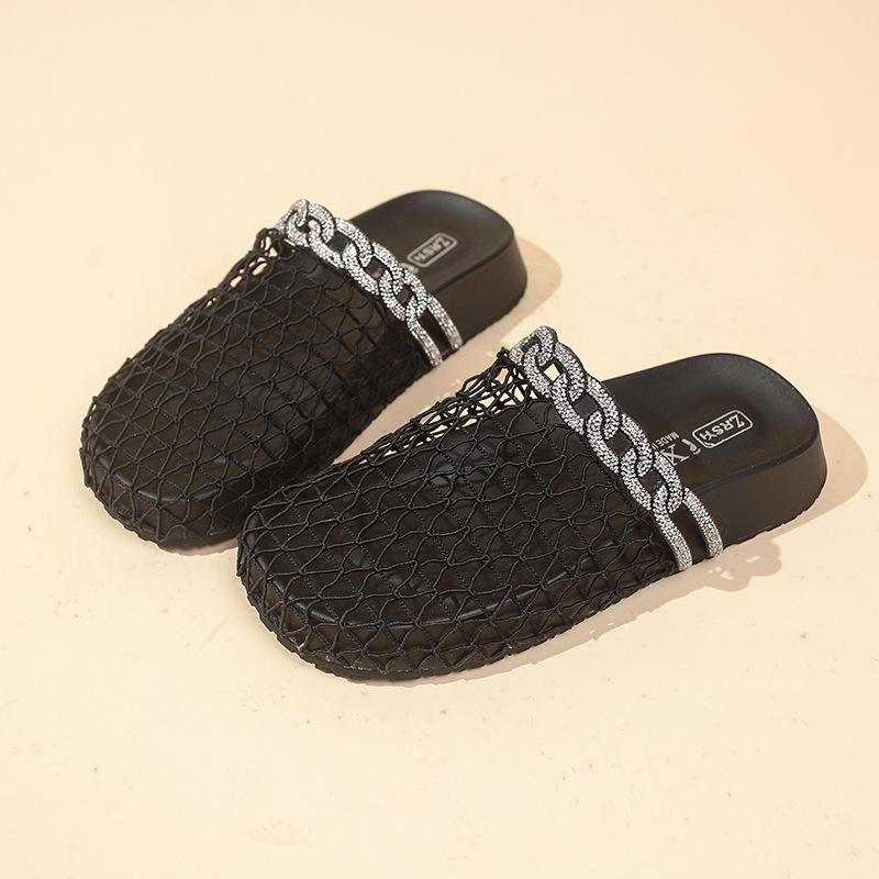 Retro woven fishing net cool slippers women's outer wear 2025 summer new rhinestone thick bottom word with bag head half slippers
