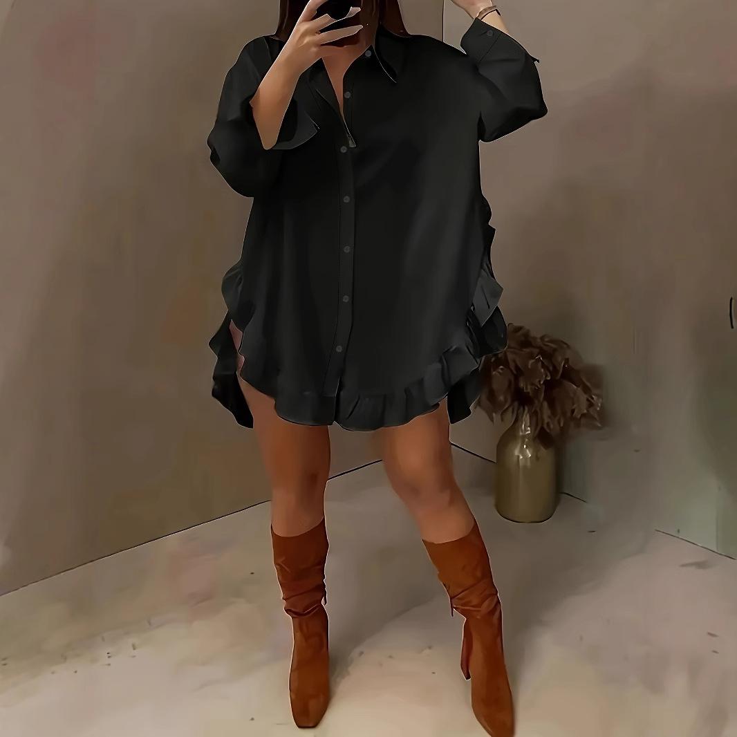 

Блузки и рубашки женские свободного кроя с оборкой по низу, однотонные L чёрный