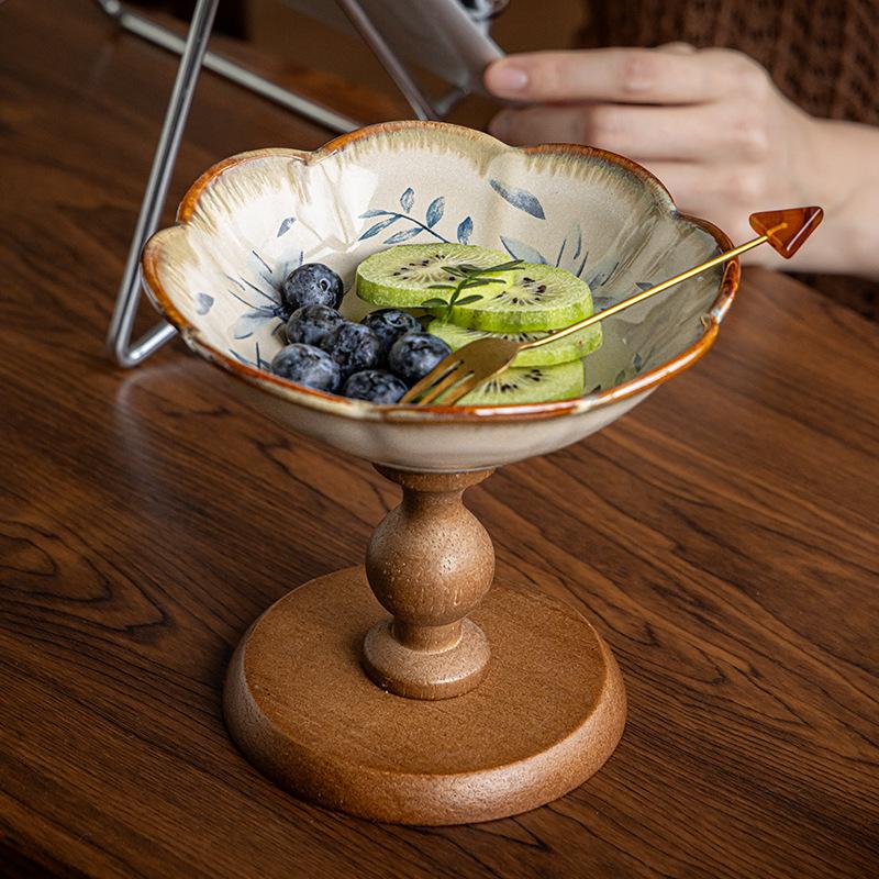 High-Value Fruit Plate Wooden High-Footed Fruit Plate Ceramic Pastry Plate Snack Tray Entrance Ornament Export