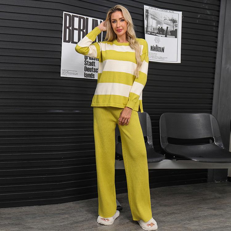 Autumn and Winter Sweater Splicing Striped Crew Neck Fashion Casual Loose Lazy Knitting Two-piece Set Women