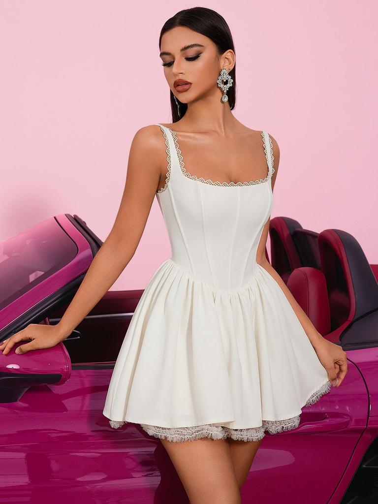 French Chic White Lace Square Neck Dress with Corset Waist and Flared Hem
