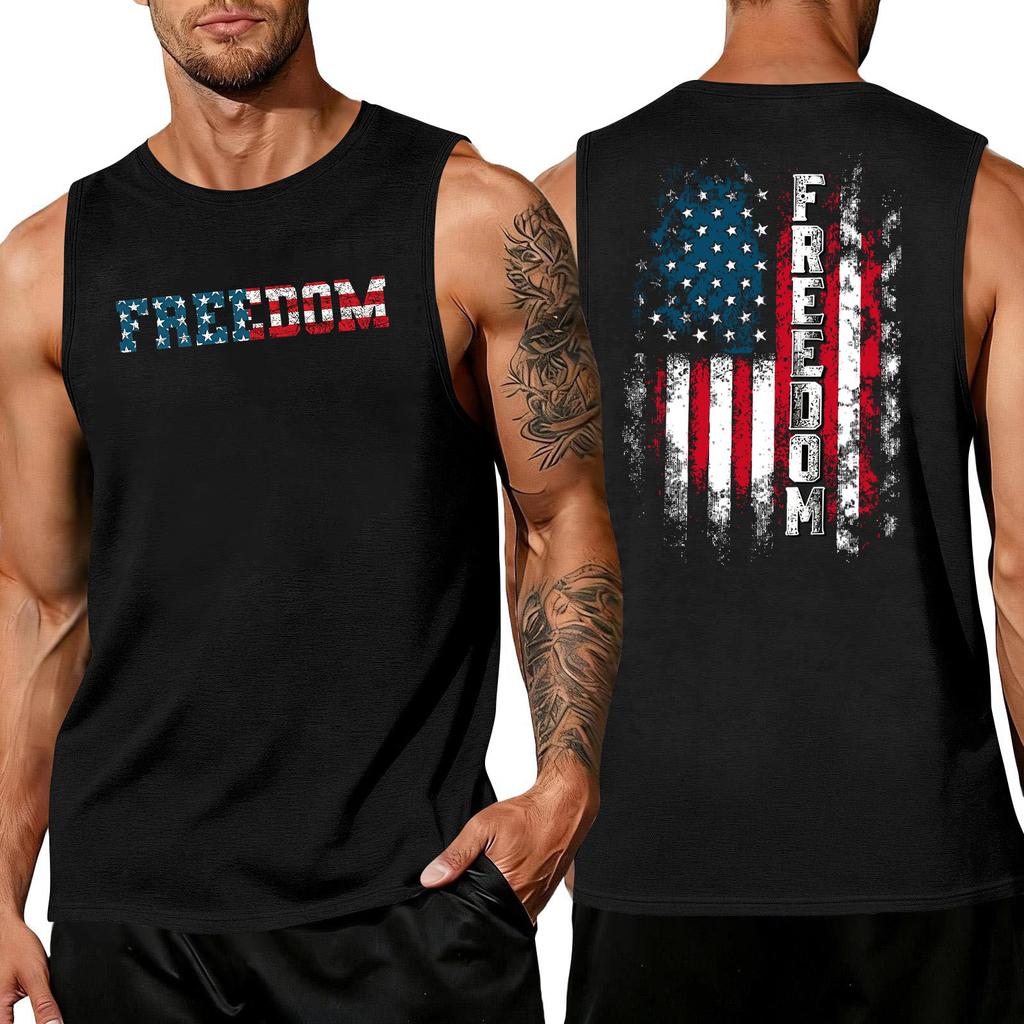 Men's Sleeveless Muscle Tank Top with Letter Print and Flag Pattern Casual Crew Neck Gym Shirt