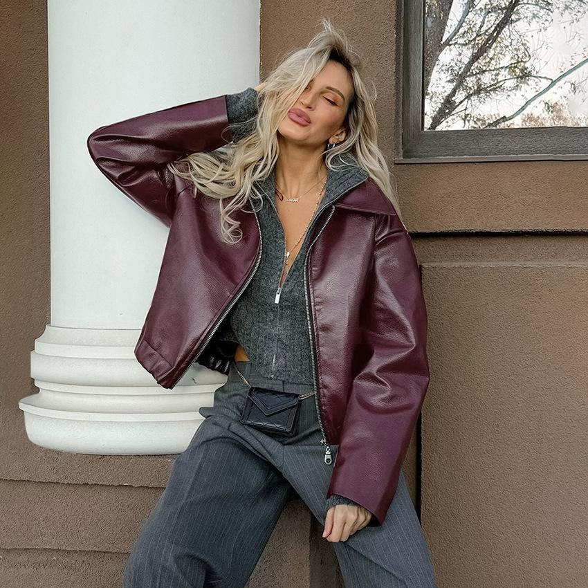 Retro locomotive style burgundy leather jacket women's autumn European and American fashion matte leather jacket jacket women's clothing