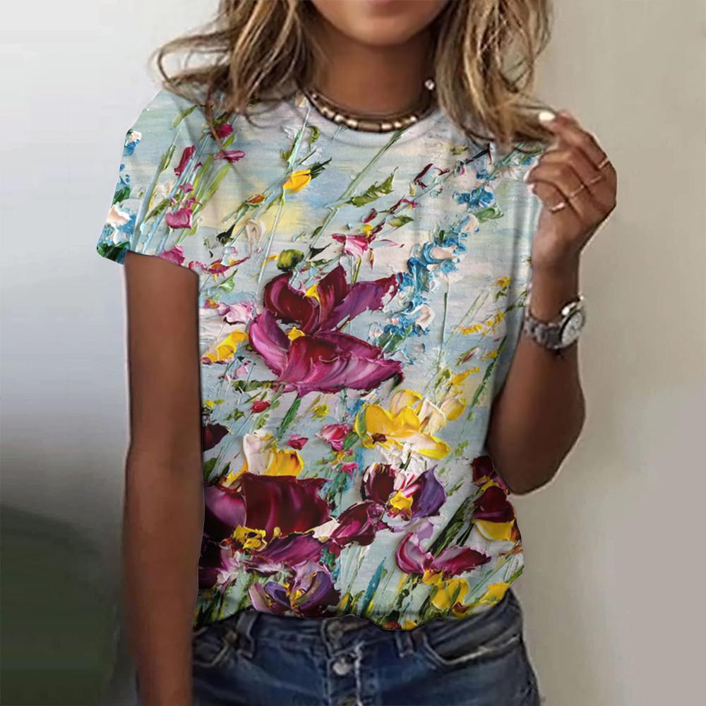 Sommer Nye Dame T-skjorter Oljemaleri Tekstur 3D Blomstermønster Korte Ermer T-skjorte Mote O-Hals Dameklær Topper