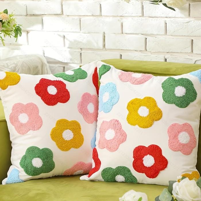 

Cream Style Pillowcase Bedroom Cushion Cover Simple Flower Embroidery Tulip Fabric Tufted Loop Velvet Cushion