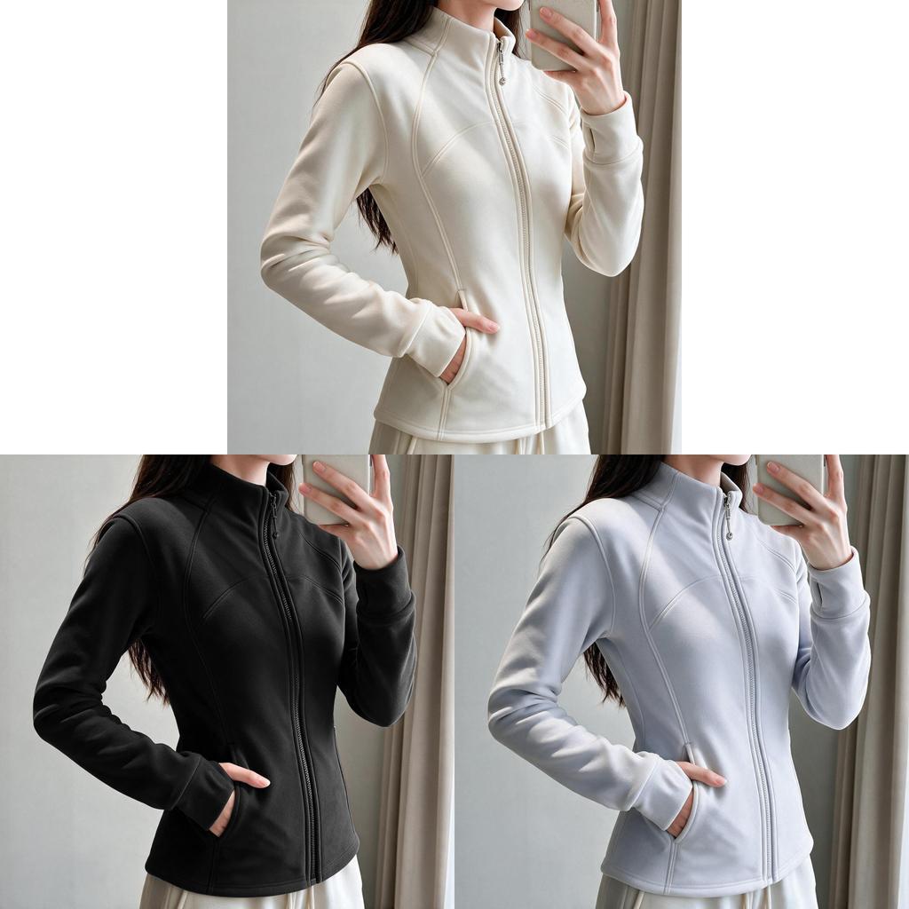 Womens Fleece Hoodie Jacket With Stand Collar And Solid Color For Commuting And Warmth
