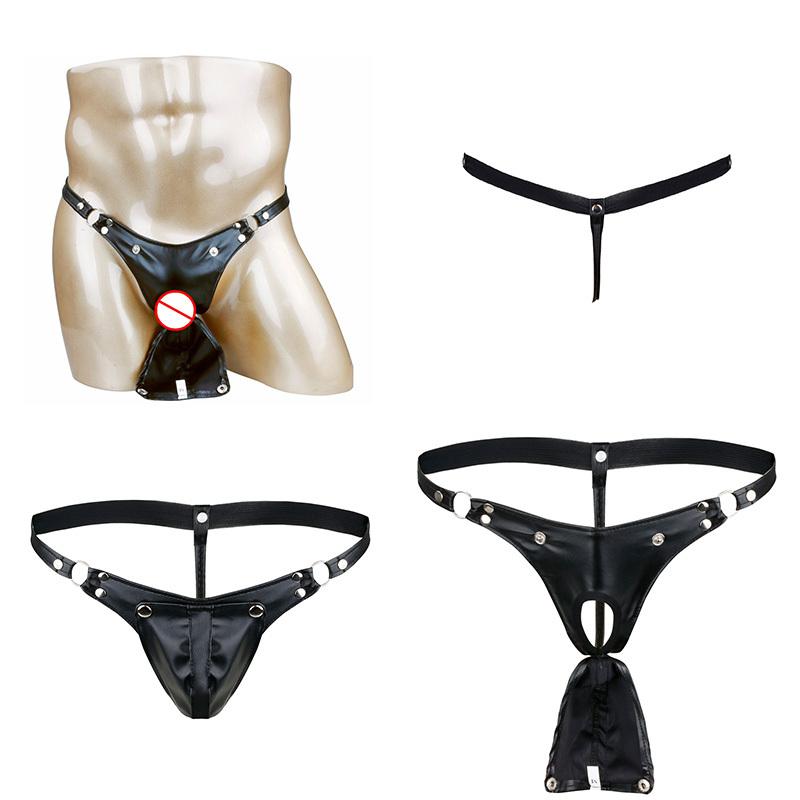 Sexy Mens Faux Leather Buckled Bulge Pouch Briefs G-string Jockstrap Gay Underwear
