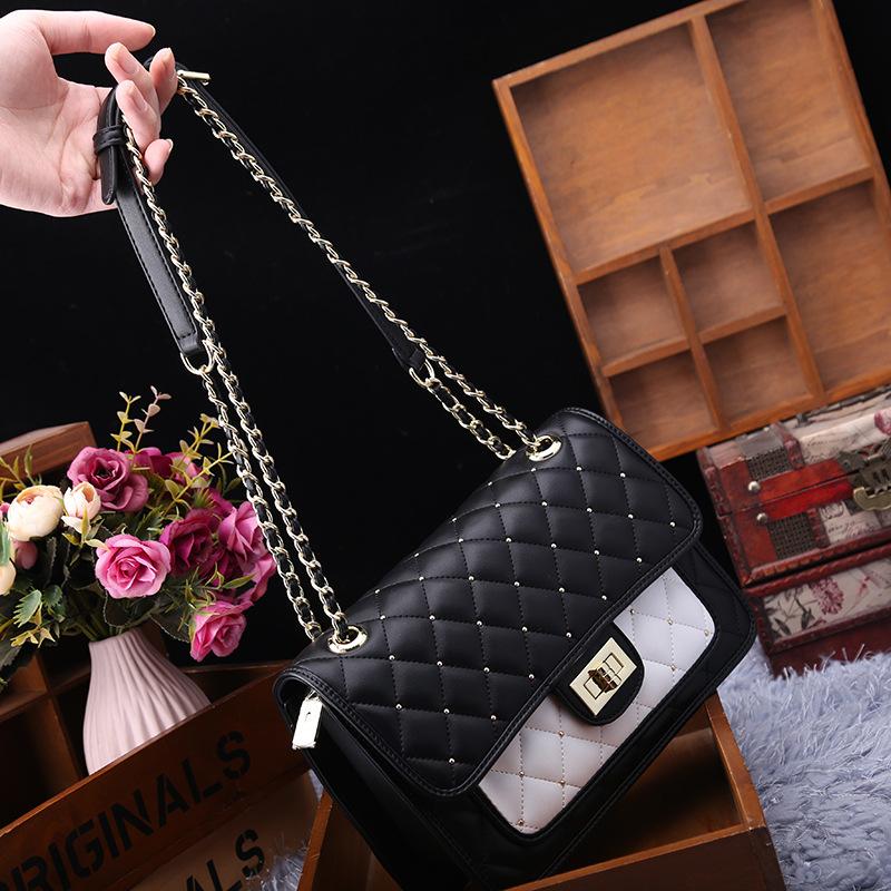 Leather Women's Bag, Fashionable Diamond-shaped Rivet Chain Bag, Versatile Single-shoulder Crossbody Small Bag