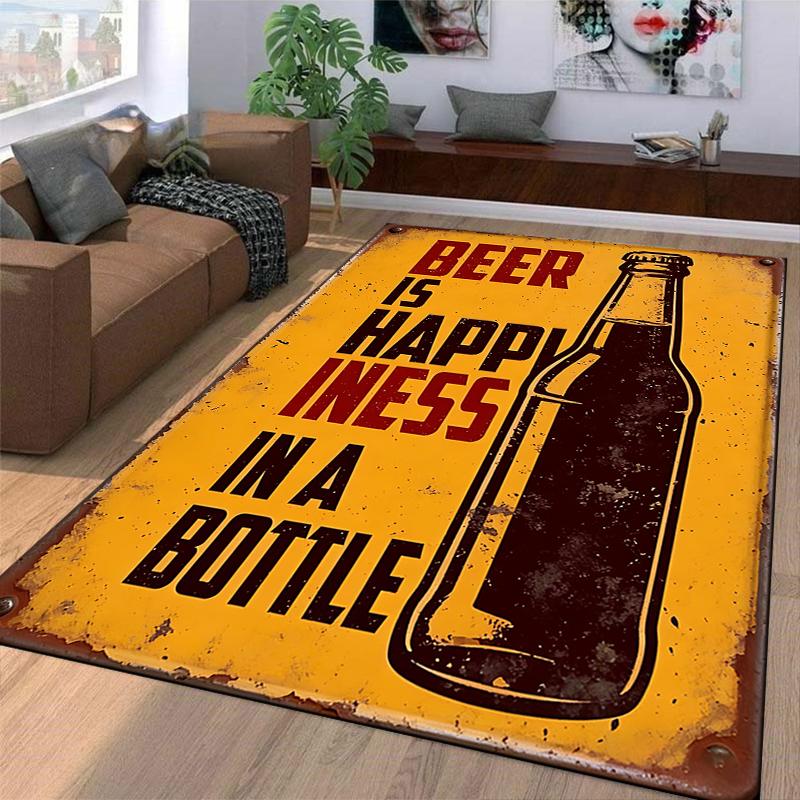 Bier-Themen-Teppich mit Flaschenaufdruck und Text auf gelbem Hintergrund Geeignet für die Verwendung als Anti-Rutsch-Matte für Wohnzimmer, Schlafzimmer, Sofas