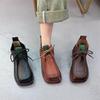 Johnature Square Toe Short Boots Genuine Leather Lace-up Retro Versatile Women Soft Sole Flat Shoes