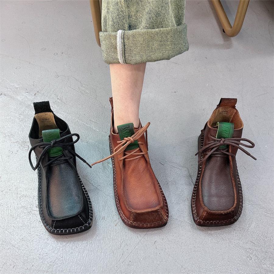 Johnature Square Toe Short Boots Genuine Leather Lace-up Retro Versatile Women Soft Sole Flat Shoes