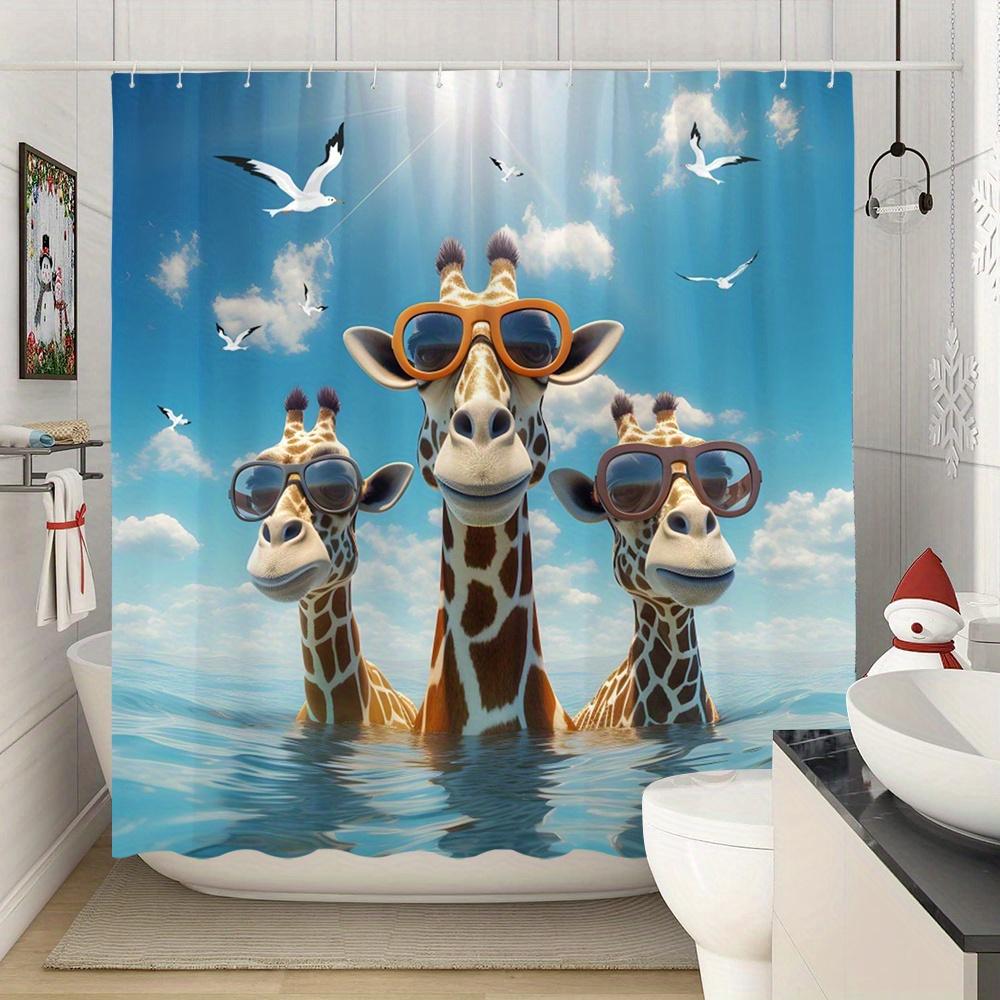 1Pc Playful Cgi Giraffes Ocean Shower Curtain Three Human-Like Giraffes Orange Fashion Glasses Radiant Sun Halo Blue Sky White