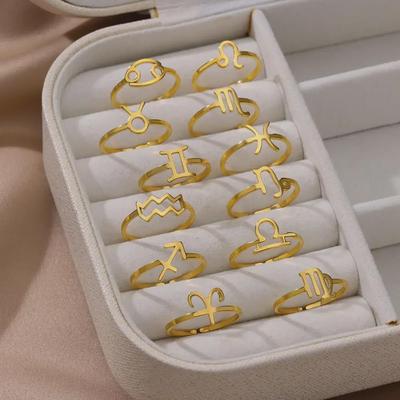 Stainless Steel Zodiac Birthstone Open Ring Set - 12 Constellations Symbol, Pinky Ring