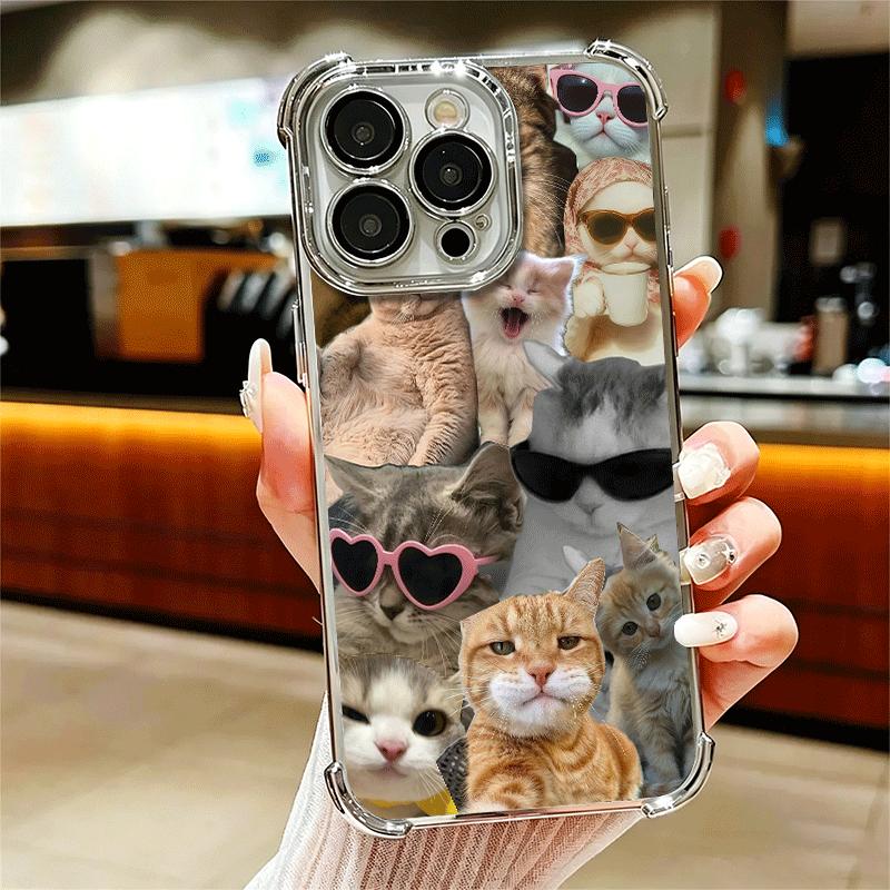 Crying Cats Combine Memes Plating Phone Case For Iphone 16 17 Pro Max Air 16E 14 15 Plus 12 13 Mini Anti-Fall Airabag Cover
