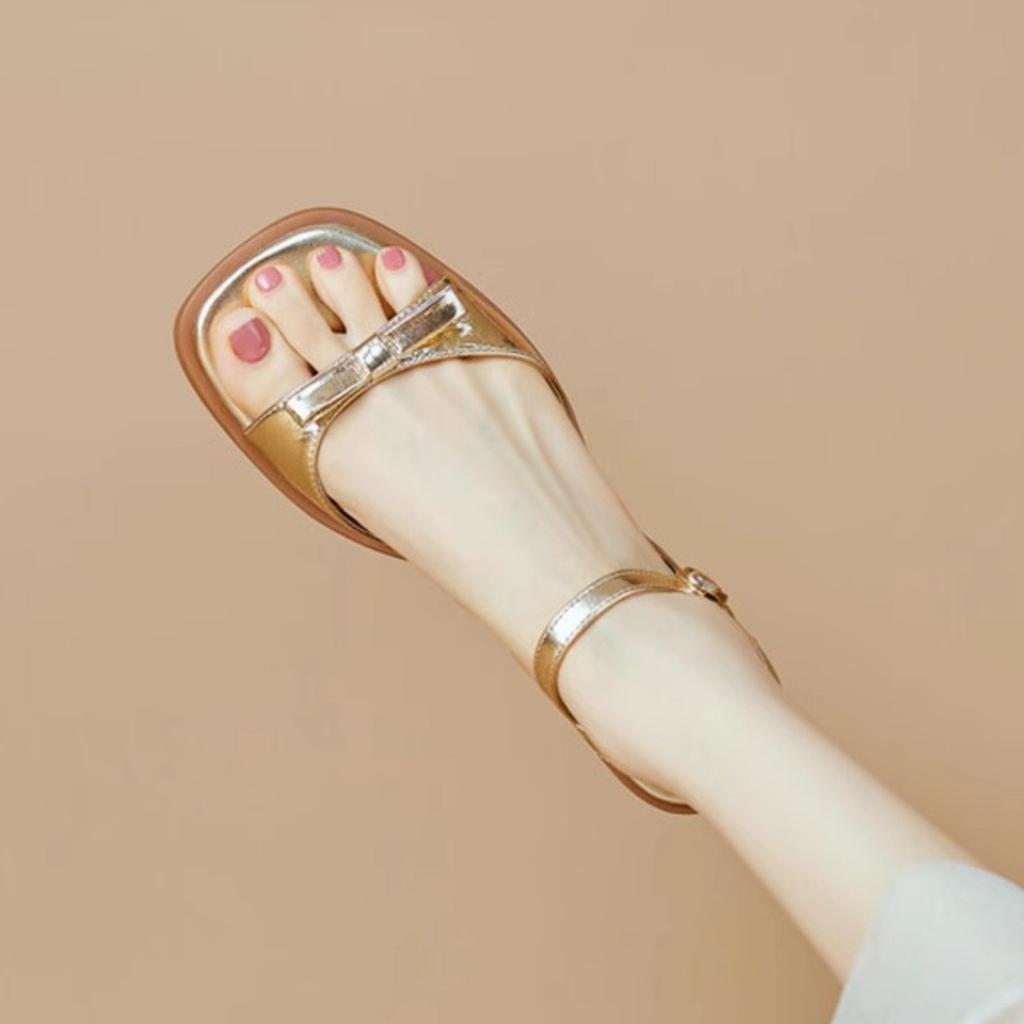 Fairy style square head middle heel with sandals women's outer wear 2025 summer fashion bow open-toed low-heeled women's shoes